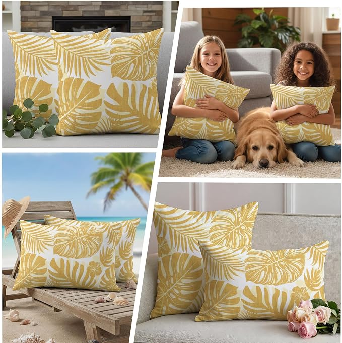 Yellow Palm Leaves Outdoor Pillow Covers 26"x26" Set of 2, Tropical Botanical Minimalist Modern Waterproof Throw Pillow Covers for Patio Furniture, Decorative Cushion Covers for Porch
