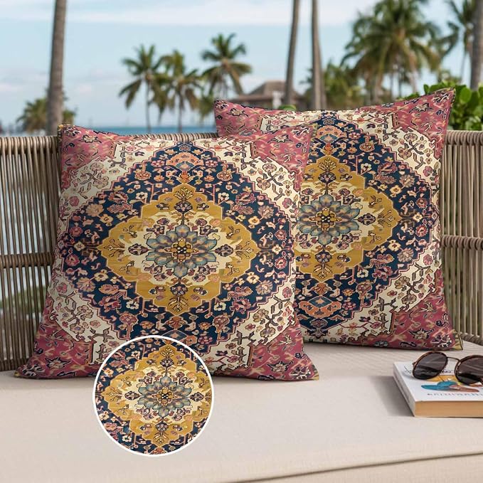 Southwest Aztec Waterproof Outdoor Pillow Covers Set of 2 Home Decor, Boho Tribe Traditional Floral Patterned Pillowcase Patio Pillow Covers for Couch Bench Furniture Garden 20x20in