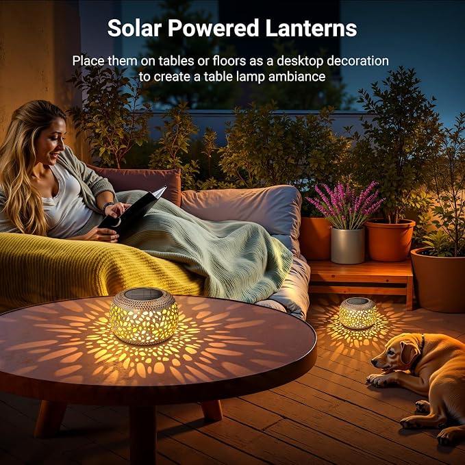 Solar Lanterns Outdoor Waterproof, Hollow Out Solar Table Lamp Patio Decor | 2 Lighting Modes Retro Metal Solar Lights for Outside Garden Yard Porch Deck Floor Indoor Tabletop Desk Decoration Gifts