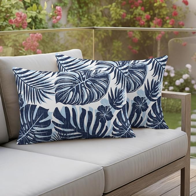 Navy Blue Palm Leaves Outdoor Pillow Covers 20"x12" Set of 2, Tropical Botanical Minimalist Modern Waterproof Throw Pillow Covers for Patio Furniture, Decorative Cushion Covers for Porch