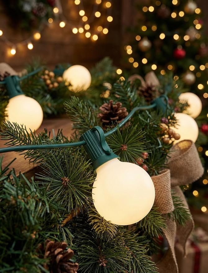 25FT G40 Christmas Lights, 25 Frosted White Bulbs, Green Wire | IP44 Weatherproof, 5W Glass Incandescent Bulbs, E12 Bases, 2 Spares, Connects Up To 3 Strands for Trees and Pergolas