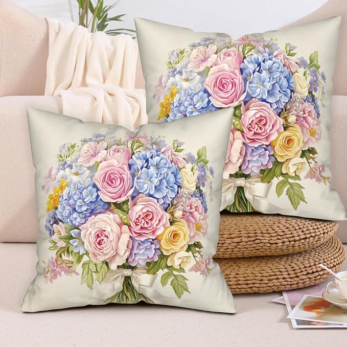 Spring Summer Floral Pillow Covers 24x24 Pink Rose Blue Hydrangea Throw Pillow Covers Exquisite Bouquet Pillow Case Flowers Cushion Case for Living Room Couch Sofa 2 Pack