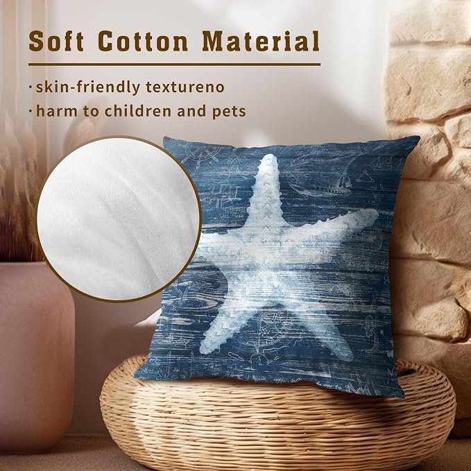 Nautical Coral Starfish Pillow Covers 20x20 Inch, Set of 2 Summer Coastal Beach Navy Blue Wood Cotton Square Pillowcases for Couch Bed Sofa Ocean Themed Seasonal Decoration