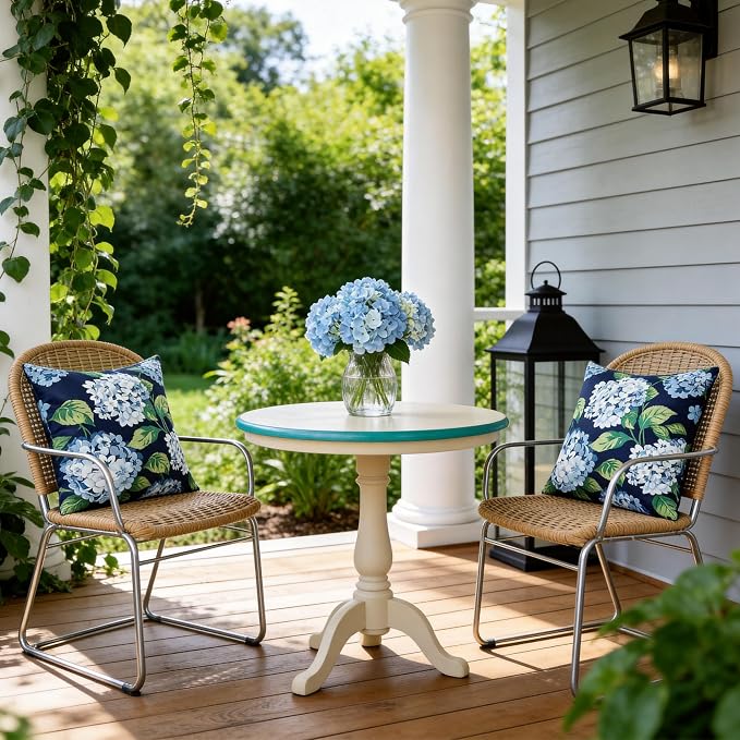 Blue Green Floral Outdoor Pillow Covers 18x18 Inch Set of 2 | Navy Blue Hydrangea Outdoor Pillow Covers, Spring Summer Farmhouse Waterproof Cushion Case for Couch Sofa Garden Patio
