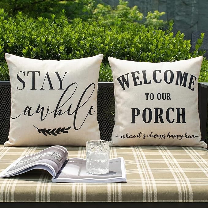 Front Porch Decor Pillows Outdoor Throw Pillow Covers Waterproof 18x18 | Set of 2, No Inserts, Stay Awhile Sign, Patio Pillows Outdoor Waterproof, Weather Resistant Outdoor Pillows, Porch Decor
