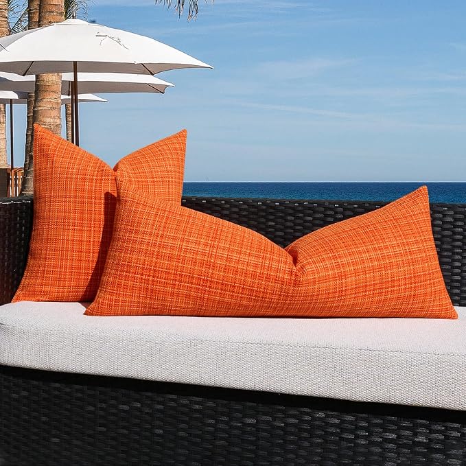 Kevin Textile Outdoor Waterproof 14"x36" Lumbar Pillow Cover 1 Pack Orange | Water Resistant, Faux Linen Yarn-dyed, Woven Texture Throw Pillow Covers for Tent Patio Garden Couch Sofa