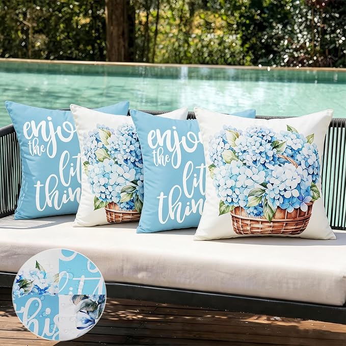 Outdoor Pillow Covers 18x18 Inch Set of 4 Waterproof Blue Hydrangea Summer Outdoor Pillows for Patio Furniture Garden Bench Porch Balcony,Light Blue