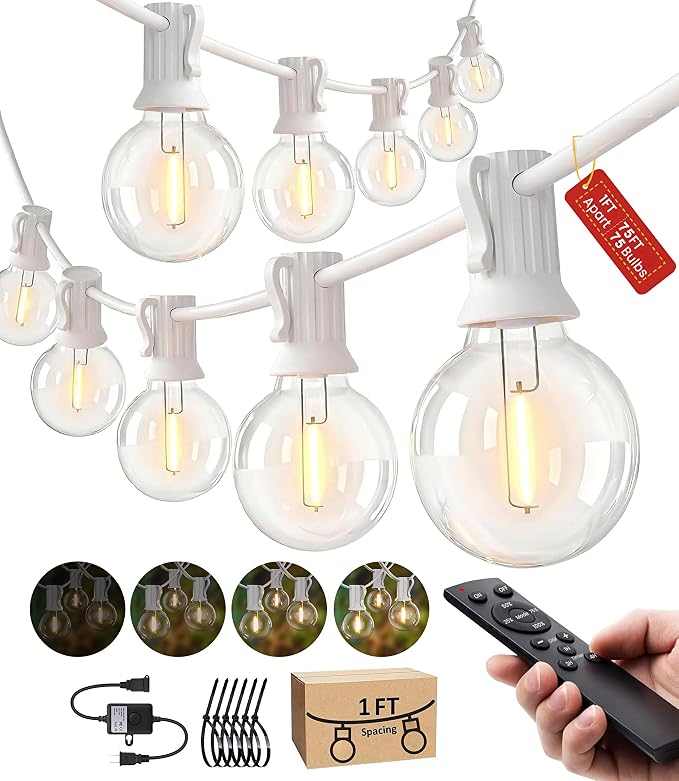 Outdoor String Lights White 75FT 75 Bulbs(1 FT Apart) with Remote for Patio | Waterproof Linkable Outside Lights with Remote Dimmer Timer &3 Lighting Modes for Backyard Bistro Garden Porch Wedding Deck