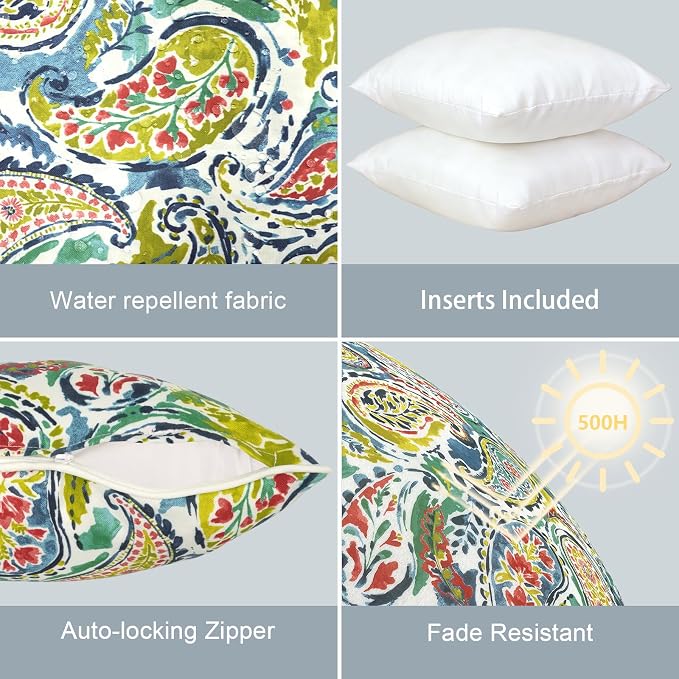 LVTXIII Outdoor Throw Pillows 18x18 Patio Waterproof Square Pillows with Piping Fade Resistant Accent Pillow for Spring Summer Garden Decoration, Set of 2, Paradise Paisley