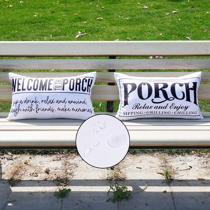 Welcome Porch Outdoor Pillow Covers 12x20 Inch Waterproof White Decorative Throw Pillows for Patio Furniture Garden Cushion Case Bench Decor