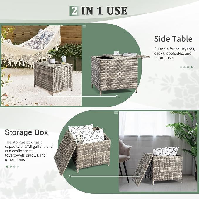 VINGLI Outdoor Side Table with Storage, 27-Gallon Patio Deck Box Outdoor Wicker Side Table for Poolside Balcony Storage Table (Grey, Square)
