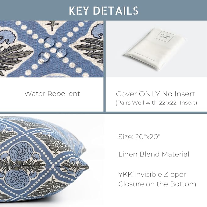 California Casual Coastal Indoor Outdoor Throw Pillow Cover, 20"x20" Water Repellent for Patio, Backyard, Couch, Azure Light Blue Block Print Vintage Hydrangea Flowers