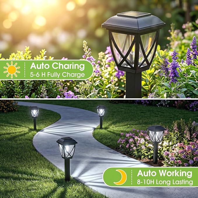 Solar Pathway Lights Outdoor 10 Pack, 6000K Auto On/Off Waterproof Solar Powered Garden Lights, Energy Saving Landscape Outside Lights for Yard, Walkway, Patio & Driveway Decor