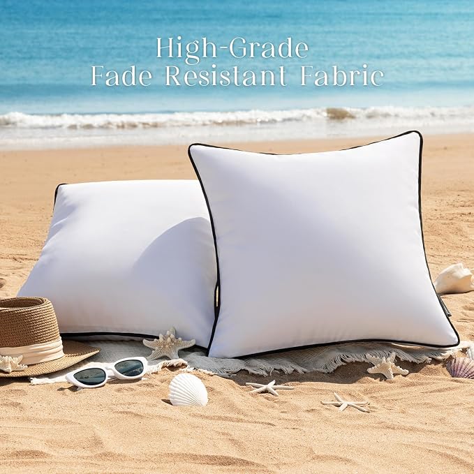 Phantoscope Pack of 2 Outdoor Waterproof Throw Pillow Covers with Contrast Piping, Decorative Square Cushion Case Patio Pillows for Couch Tent , Pure White 20x20 inches