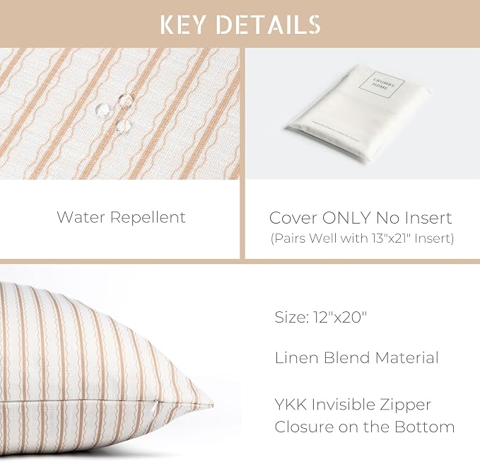 Modern Farmhouse California Casual Indoor Outdoor Lumbar Pillow Cover, 12"x20" Water Repellent for Patio, Backyard, Couch, Poolside, Ivory Cream Tan Print Wave Stripes