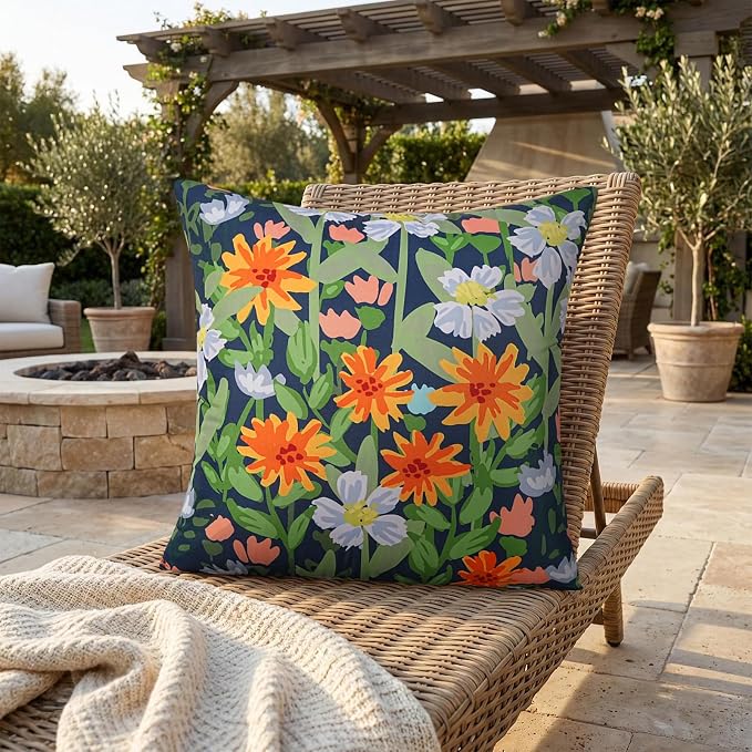 Pyonic Spring Summer Floral Outdoor Pillow Covers 20x20 inch Waterproof Throw Pillow Covers Outdoor Pillows for Patio Furniture Garden Bench Porch,Navy Blue