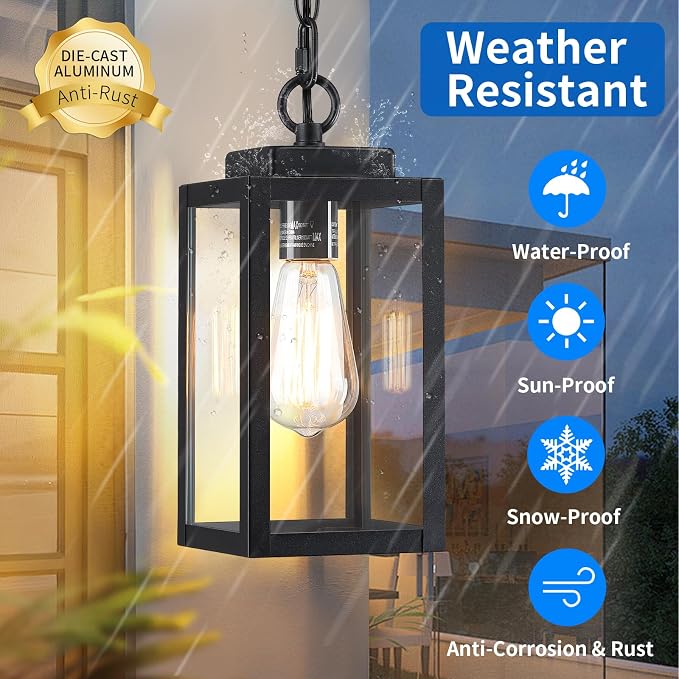 11'' Outdoor Pendant Lights for Porch, Outside Chandelier Hanging Lantern | 1 Pack Black Outdoor Ceiling Light with Clear Glass, Modern Exterior Pendant Lighting Fixture for Porch, Yard (No Sensor)