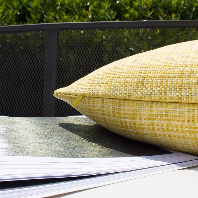 Kevin Textile Outdoor Waterproof 26x26 Inch Pillow Covers 2 Pack, Yellow | Water Resistant, Faux Linen Yarn-dyed, Woven Texture Euro Throw Pillow Covers for Tent Patio Garden Couch Sofa