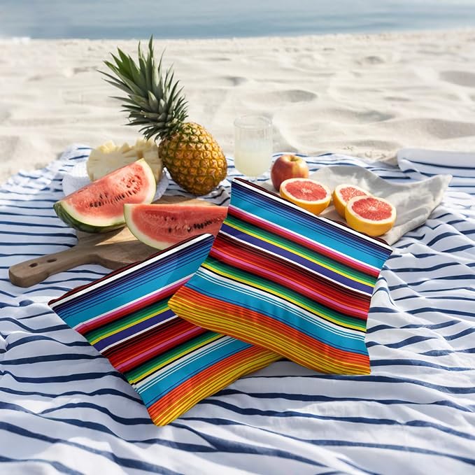 Colorful Striped Outdoor Pillow Covers 16x16 Inch Throw Pillow Covers Set of 2 Waterproof Decorative Pillow Cases Boho Rainbow Stripes Abstract Lines Cushion Covers for Patio Furniture Garden Couch