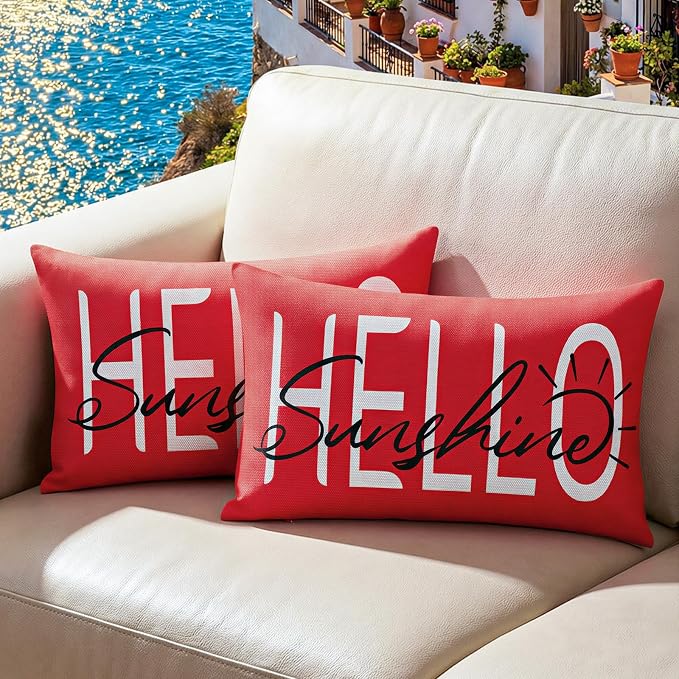 Lewondr Waterproof Outdoor Throw Pillow Cover, 12×20", Red | 2 Pack, Hello Sunshine Printing, Summer Garden Decor, For Patio Sofa, Balcony Couch, Bench Porch