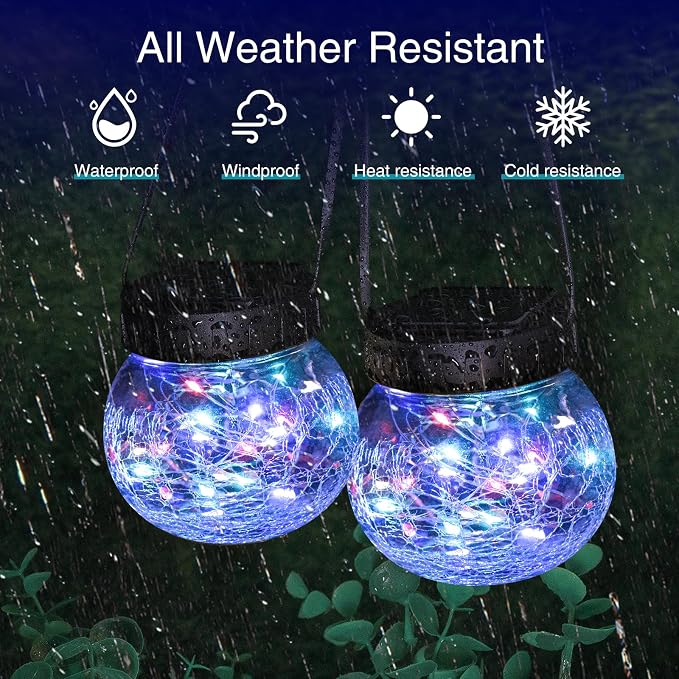 kolpop 6 Pack Solar Lantern Outdoor Lights, Multi-Coloured Solars Lanterns with 30 LED, Crackle Glass Ball Waterproof Hanging Solar Lights for Garden Decor Patio Fence Yard Christmas Tree Decoration