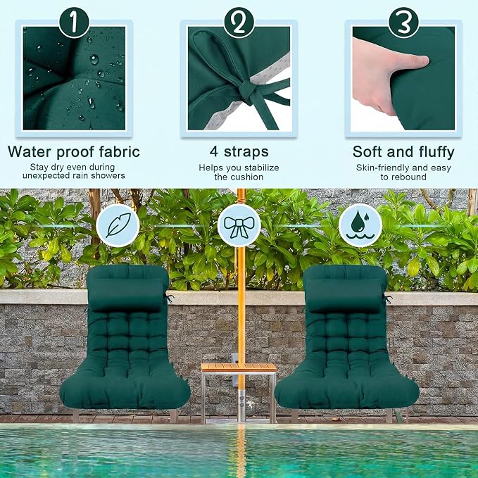 Tudomro Outdoor Chaise Lounge Cushion 66x21x4'' Waterproof & Fade-Resistant Patio Pool Chaise Lounge Cushion Headrest Pillow Tie Replacement Rocking High Back Chair(Hunter Green,1 Pcs)