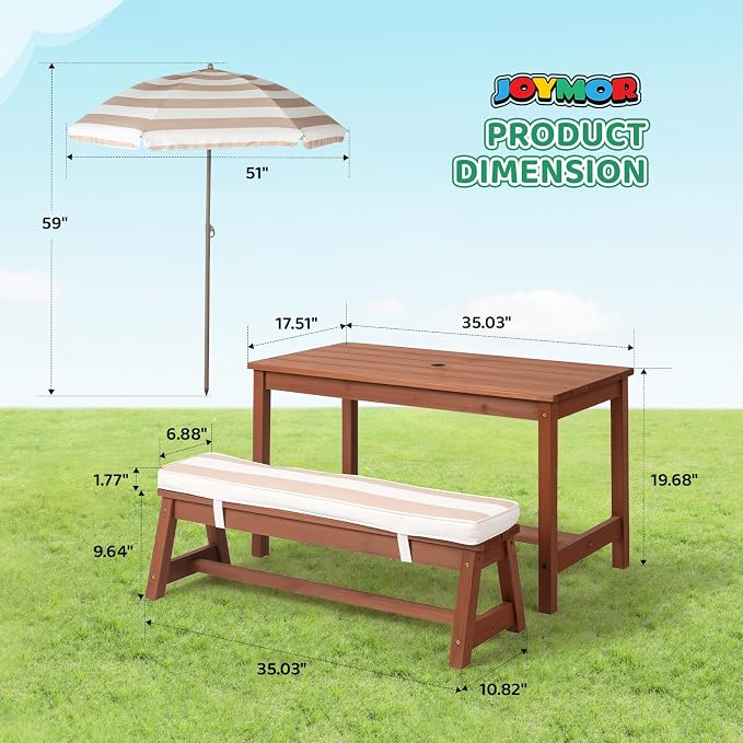 JOYMOR Kids Picnic Table Outdoor Wooden Table & Bench with Adjustable Umbrella, Picnic Table Set w/Removable Cushions for Backyard, Patio, Garden, Indoor(Walnut)