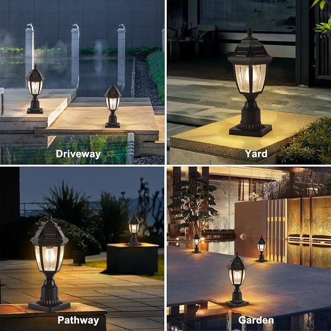 Solar Outdoor Post Lights 1 Pack, Dusk to Dawn Column light with Base | Dusk to Dawn Outdoor Post Light Fixtures, Black Exterior Solar powered Pole Light for Outside Porch Yard Pathway Driveway