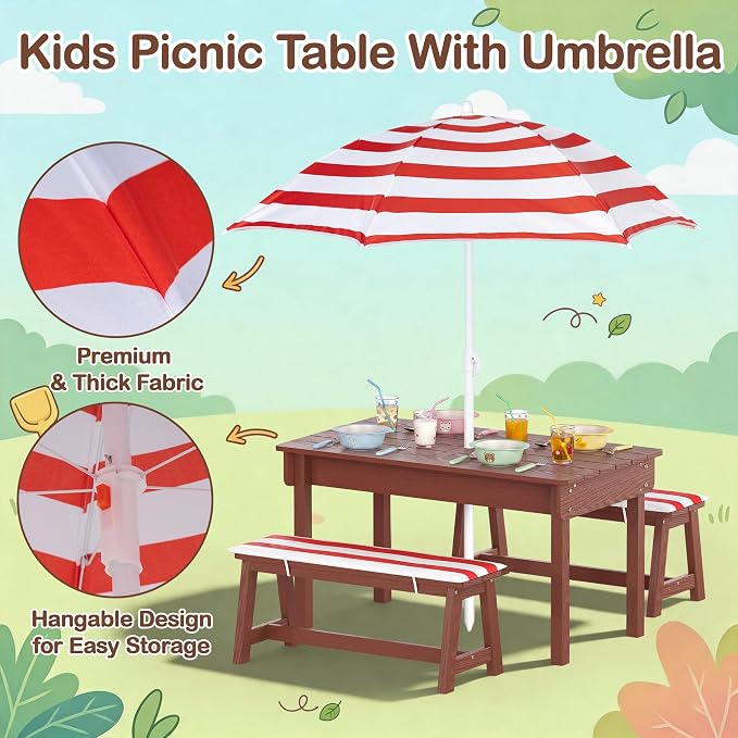 BRINJOY Kids Picnic Table with Umbrella, Outdoor Wooden Table & Bench Set w/Cushions & 2 Removable Boxes, 4-in-1 Children Sand and Water Table Activities Furniture for Patio, Garden, Indoor Outdoor