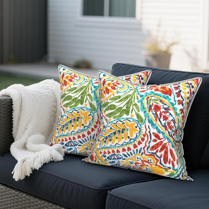 Outdoor Throw Pillows Inners, Fade Resistant Patio Furniture Square Pillows with Piping Set of 2 for Patio Furniture, 18x18 Inch, Paisley Multi