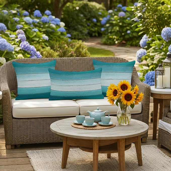 Teal Turquoise Outdoor Pillow Covers 24x24 Inch Throw Pillow Covers Set of 2 Waterproof Decorative Pillow Cases Farmhouse Abstract Gradient Wooden Plank Cushion Covers for Patio Furniture Garden Couch