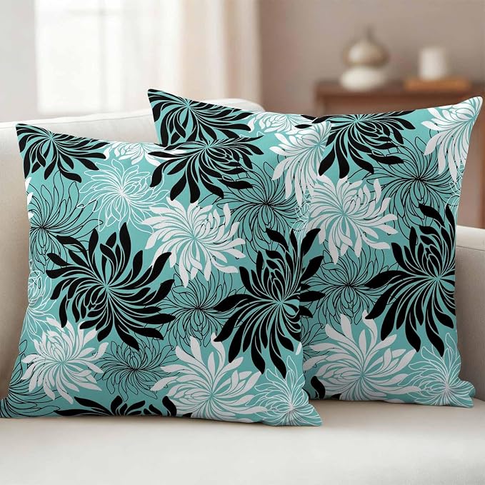 Yukro Teal Black Floral Outdoor Waterproof Pillow Covers Pack of 2, Vintage Teal White Black Flower Decorative Throw Pillowcases Cushion Covers for Garden Patio Tent Sofa Couch, 24x24 inch