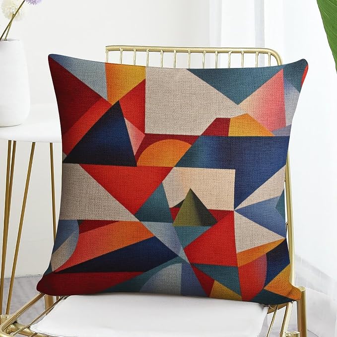 Sofa Pillow Covers Colorful Fun Aesthetic Mid Century Modern Gomestry Pillow Protector 18"x18" Hand Drawn Striped Watercolor Brush Dye Linen Cushion Case Decorative Outdoor Pillow Case