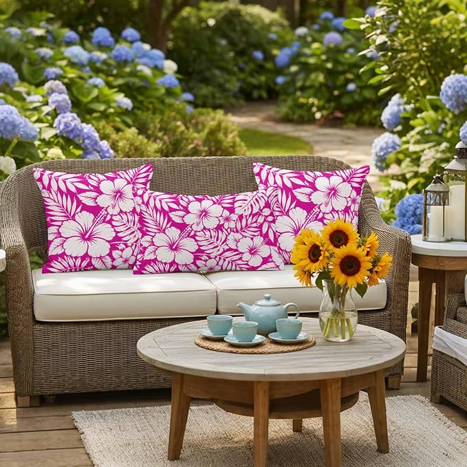 Pink Hibiscus Flowers Waterproof Outdoor Pillow Covers Set of 2 Home Decor, Tropical Monstera Leaves Pillowcase Patio Pillow Covers for Couch Bench Patio Furniture Garden 18x18in