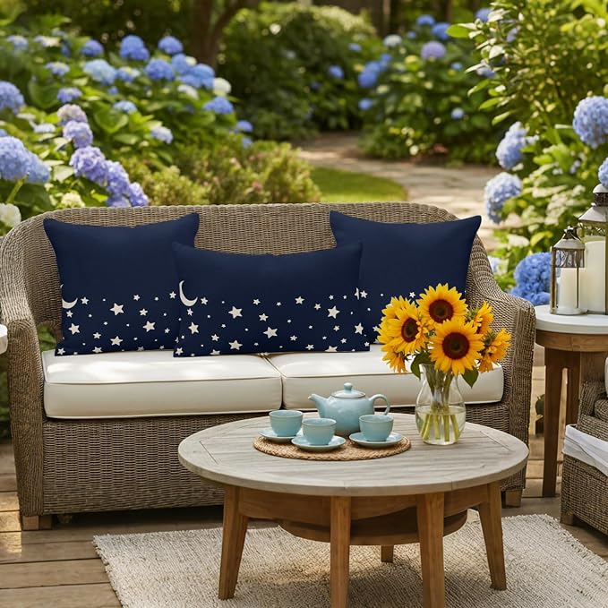 Stars Moon Waterproof Outdoor Pillow Covers Set of 2 Home Decor, Starry Night Navy Blue Pillowcase Patio Pillow Covers for Couch Bench Patio Furniture Garden 24x24in