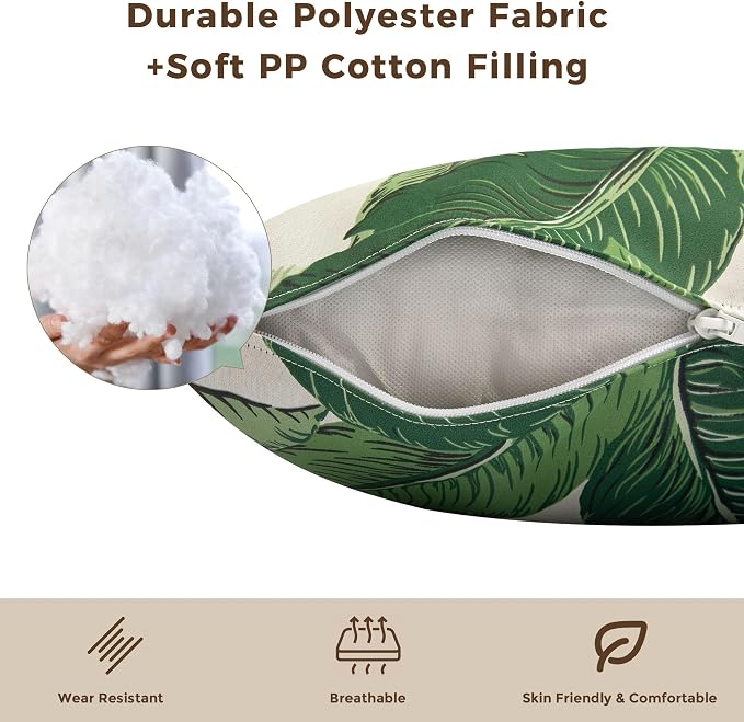 Throw Pillow with Insert, Set of 2, Outdoor Indoor Waterproof Decorative Patio Throw Pillow 18x18 Inch, Square Cushion for Couch Sofa Garden Farmhouse Decoration-Green Palm Leaf