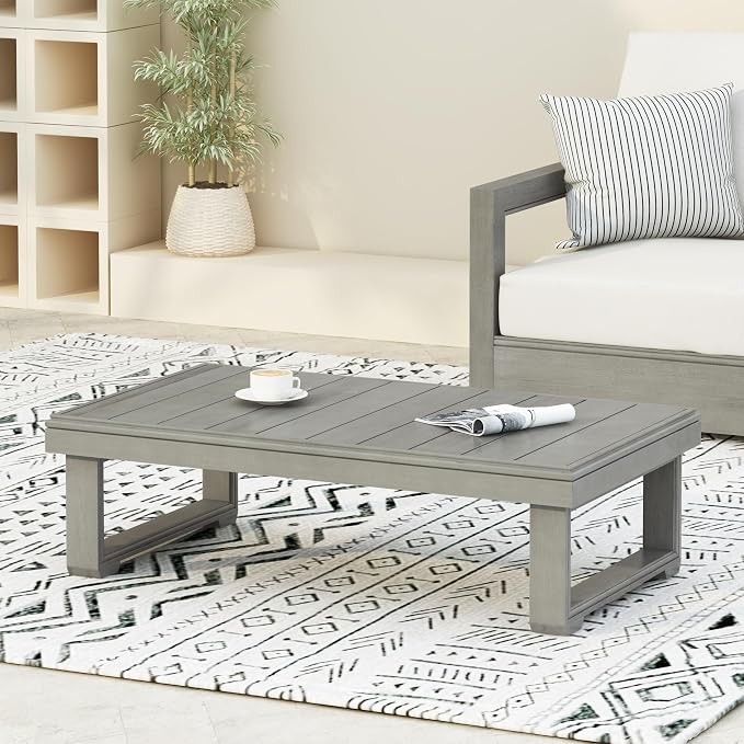 Outdoor Coffee Table with Slat Design and Sled Base, Light Grey