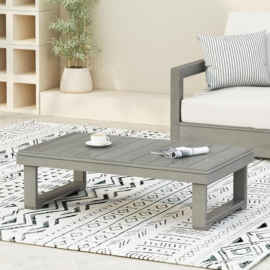 Outdoor Coffee Table with Slat Design and Sled Base, Light Grey