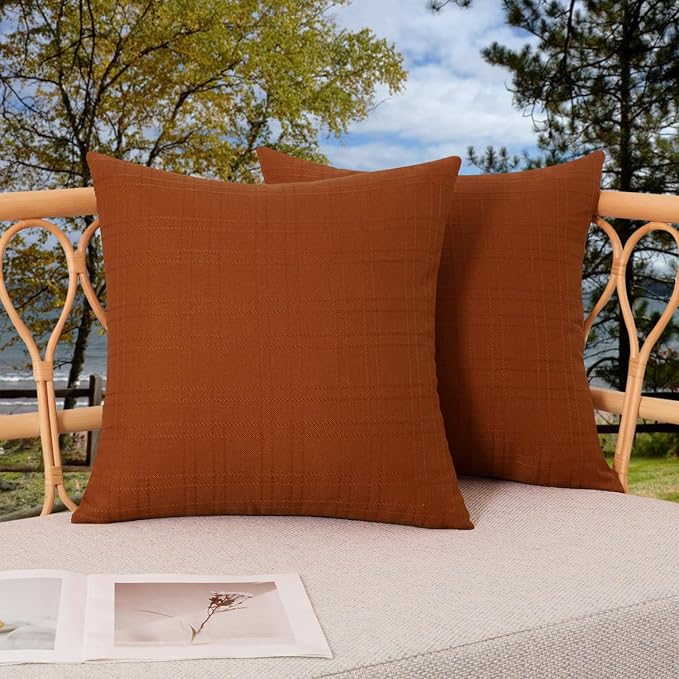 Kevin Textile Outdoor Waterproof 18”x18” Pillow Covers 2 Pack, Burnt Orange | Water Resistant, Soft Faux Linen-cotton Yarn-dyed Woven Texture Throw Pillow Covers for Tent Patio Garden Couch Sofa