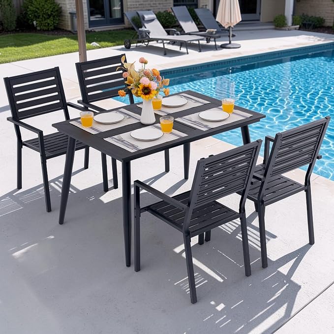 5-Piece Outdoor Dining Set - All-Weather HDPE Patio Table and 4 Stackable Chairs with Rust-Proof Steel Frame, Space-Saving Patio Furniture Set for Backyard (Black)
