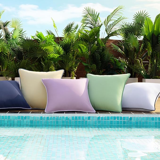Phantoscope Pack of 2 Outdoor Waterproof Throw Pillow Covers with Contrast Piping, Decorative Square Cushion Case Patio Pillows for Couch Tent, Pure White 18x18 inches