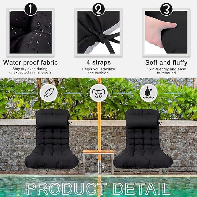 Tudomro Outdoor Chaise Lounge Cushion 66x21x4'' Waterproof & Fade-Resistant Patio Pool Chaise Lounge Cushion Headrest Pillow Tie Replacement Rocking High Back Chair(Black,Set of 2)