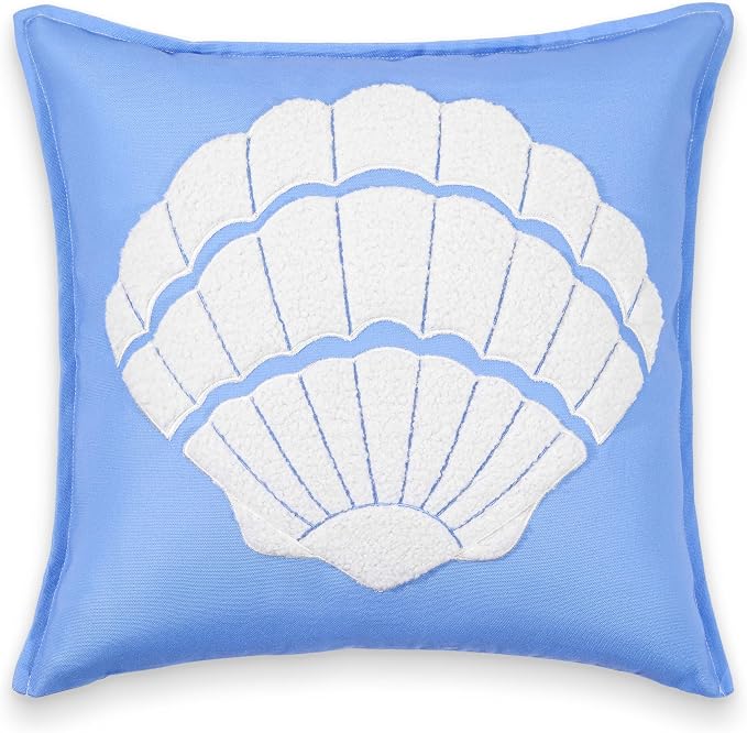 Hofdeco Premium Coastal Patio Indoor Outdoor Pillow Cover Only, 20"x20" Water Repellent for Backyard, Couch, Cornflower Blue Embroidered Shell