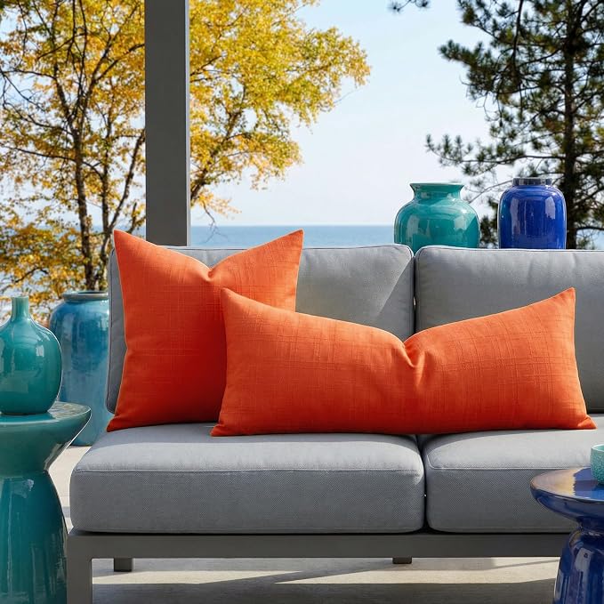 Kevin Textile Outdoor Waterproof 14”x36” Pillow Cover 1 Pack, Orange | Water Resistant, Soft Faux Linen-cotton Yarn-dyed Woven Texture Throw Pillow Covers for Tent Patio Garden Couch Sofa
