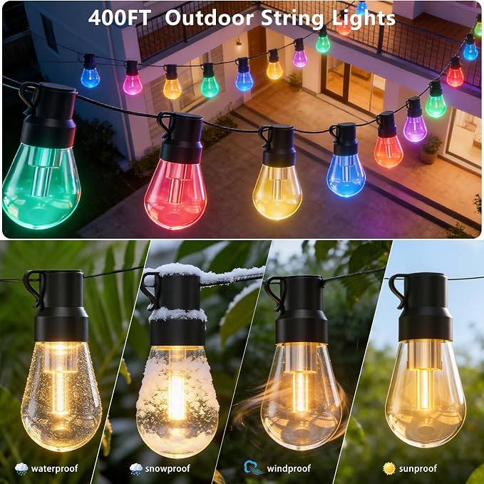 AILBTON RGB+IC 400FT Outdoor String Lights Bulbs IP67 Waterproof LED Color Changing Smart App Hanging Shatterproof Light with Remote Controller for Outside, Patio, Backyard, Garden, Party