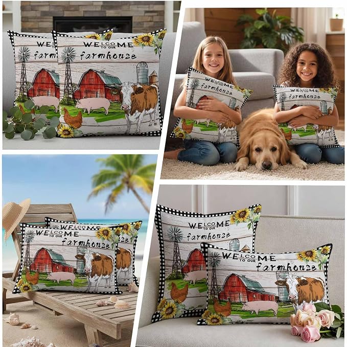 Outdoor Waterproof Pillow Covers 18x18Inch Farmhouse Animal Barn Chicken Pig Cow Throw Pillowcases for Patio Garden Couch Sofa Retro Wood Grain Farm Scene Decorative Cushin Case,Pack of 2