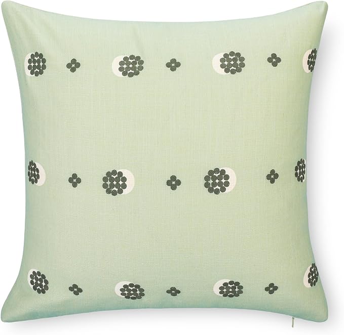 Modern Farmhouse California Casual Indoor Outdoor Throw Pillow Cover, 20"x20" Water Repellent for Patio, Backyard, Couch, Poolside, Olive Light Green Embroidered Striped Dots