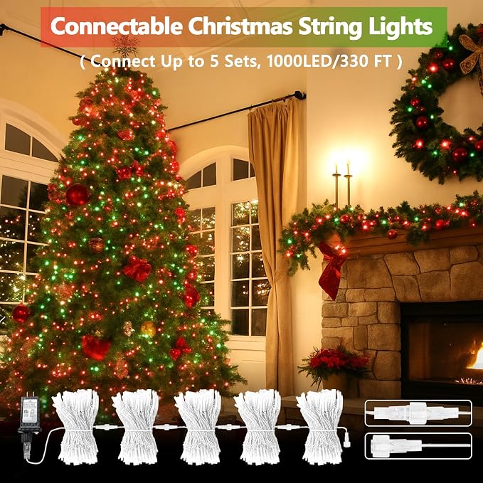 200 LED Connectable String Lights, 66FT Christmas Lights Outdoor Indoor | Red & Green, 13 Modes, Timer, Clear Wire Waterproof Twinkle Fairy Lights Plug in for Bedroom Classroom Patio Xmas Tree Decor