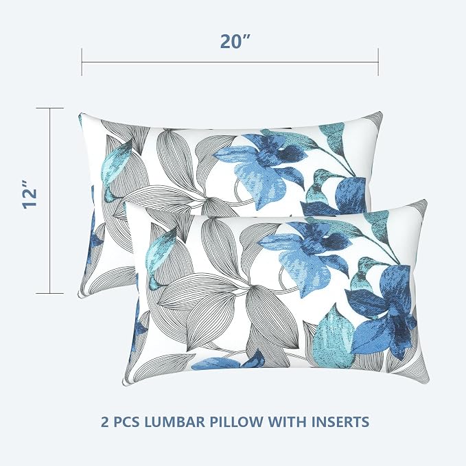LVTXIII 12×20 Inch Outdoor Lumbar Pillows, Pack of 2 Water Repellent Lumbar Pillow with Inserts, Fluffy Decorative Garden Lumbar Cushions for Home Patio Coach Sofa Use, Clemens Noir Blue