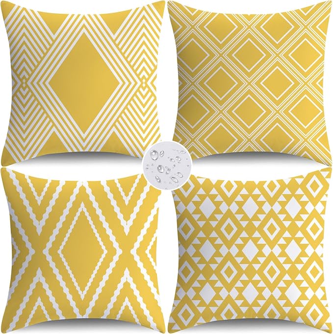NIGHTWISH Outdoor Waterproof Pillow Covers 18x18 Set of 4 Yellow and White Modern Geometry Decorative Outdoor Throw Pillows Boho Cushion Cases for Patio Furniture Bench Couch Sunbrella
